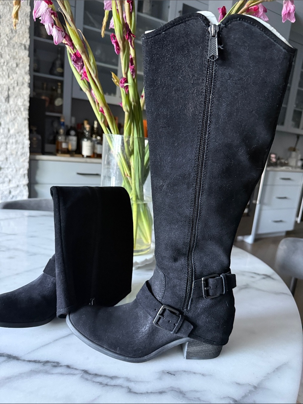 Donald J. Pliner Black Suede Knee-High Buckle Heeled Boots